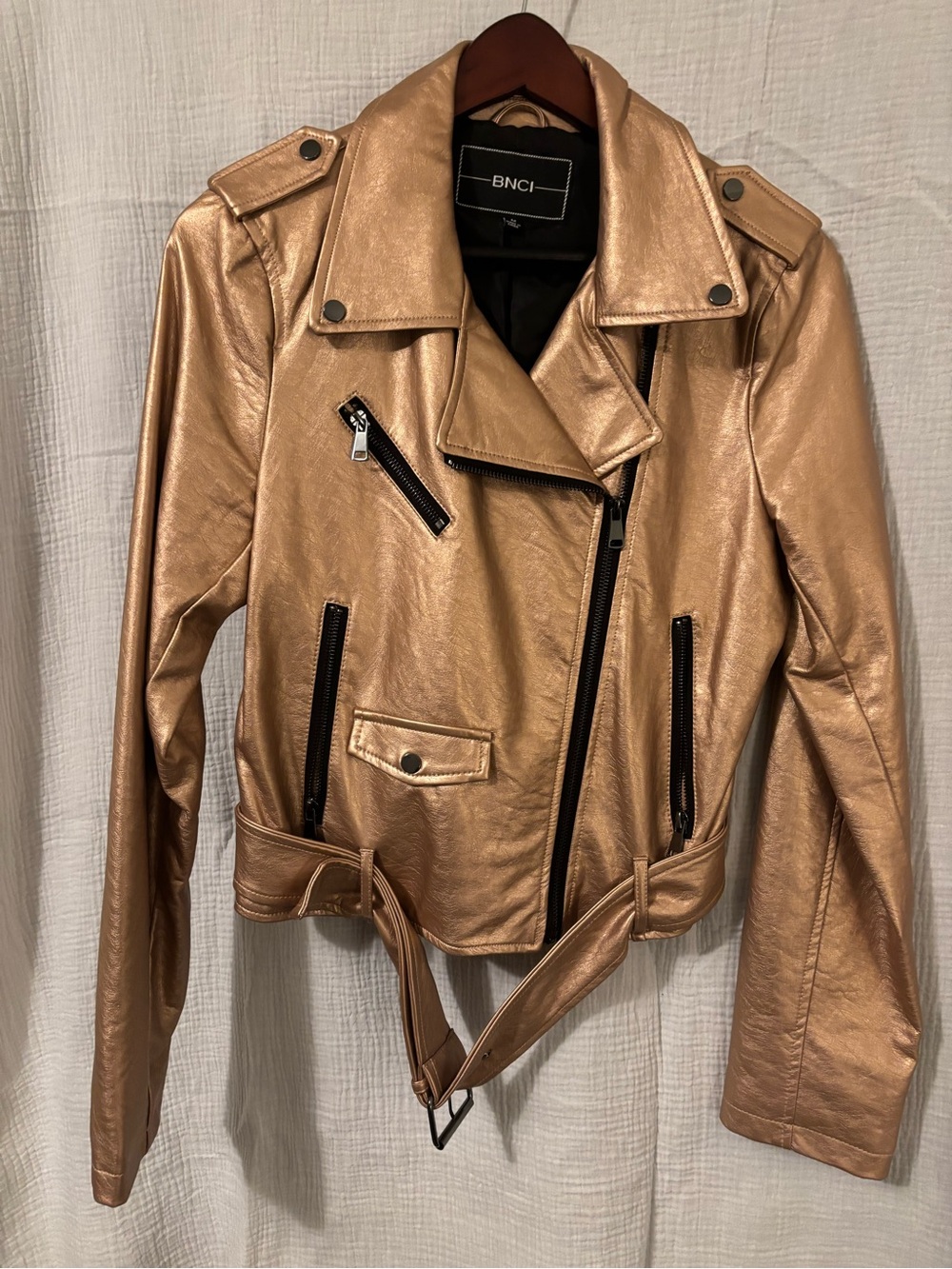 BNCI Metallic Rose Gold Moto Leather Jacket
